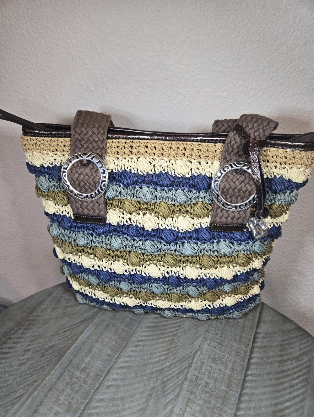 Brighton Woven Striped Crochet Tote Bag in Blue, Green & Cream - Picture 3 of 14